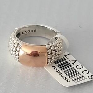 LAGOS Sterling Silver 18K Rose Gold Bar Station Caviar Ring 7